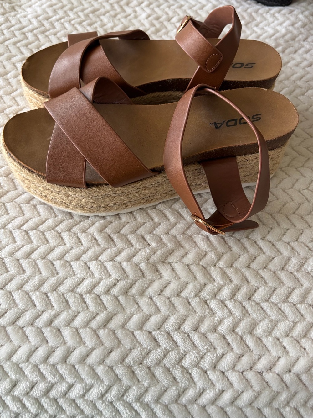 SODA Tan Brown Faux Leather Espadrille Platform Sandals